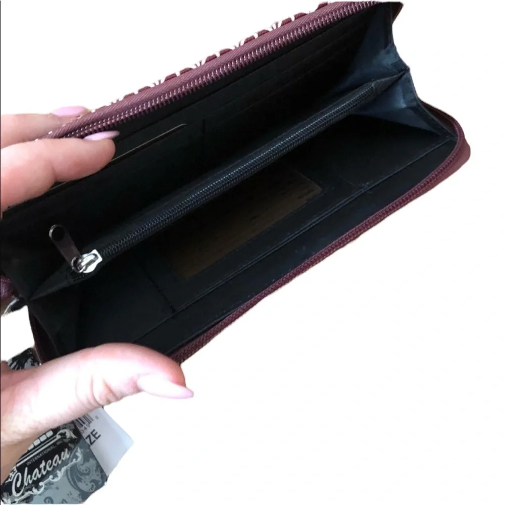 NWT Monogram E wristlet/wallet maroon +white